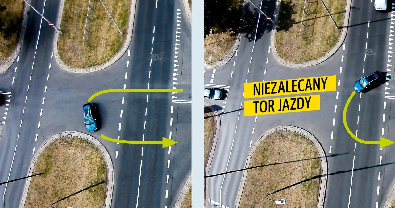 Na skrzyżowaniu można zawracać, jeśli tor jazdy jest prawidłowy. Unikaj niezalecanego toru jazdy, by zapewnić bezpieczeństwo.