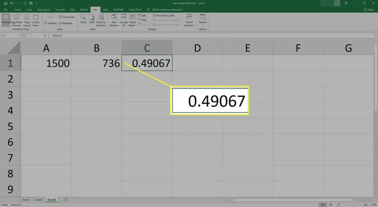 Arkusz kalkulacyjny Excel z liczbami 1500 i 736 oraz wynikiem 0.49067.