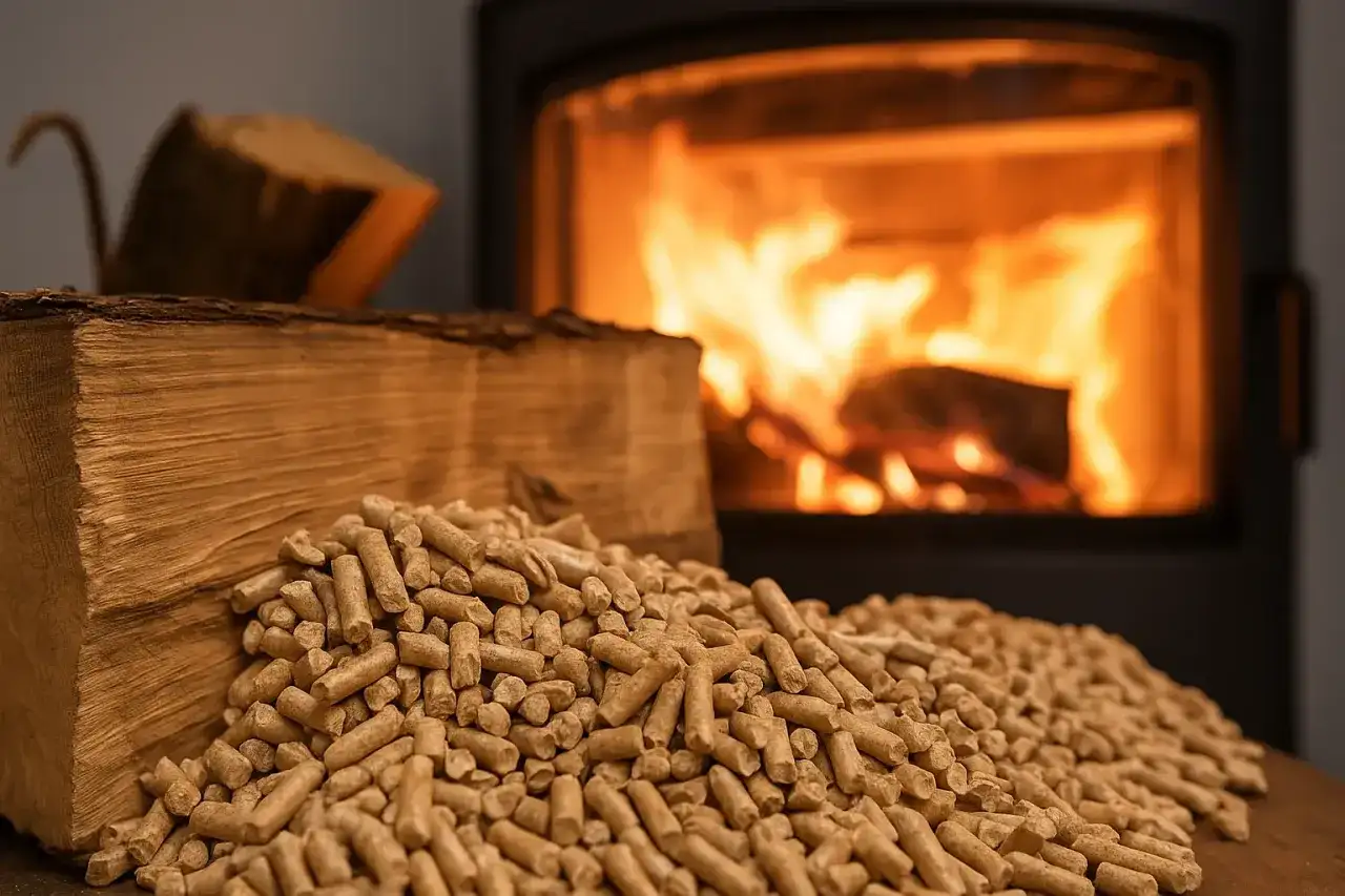 Piec z płonącym ogniem i sterta pelletu obok drewna. Czy kominek na pellet się opłaca?