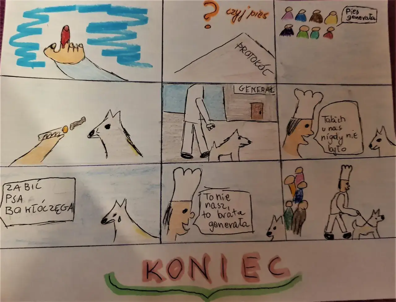 Rysunkowy komiks z dymkami, przedstawiający sceny z psami i ludźmi.