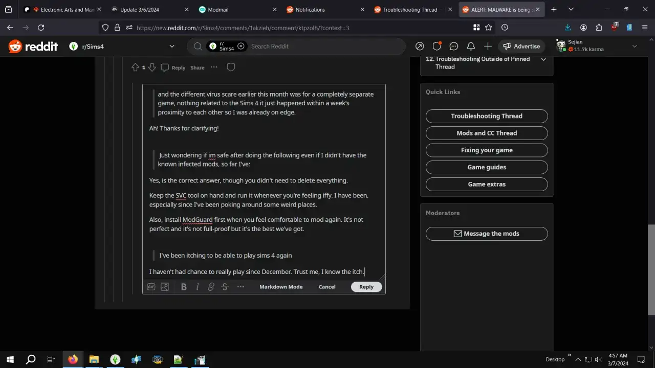 Zrzut ekranu z Reddita, pokazujący wątek dyskusji o modach do Simsów 4.