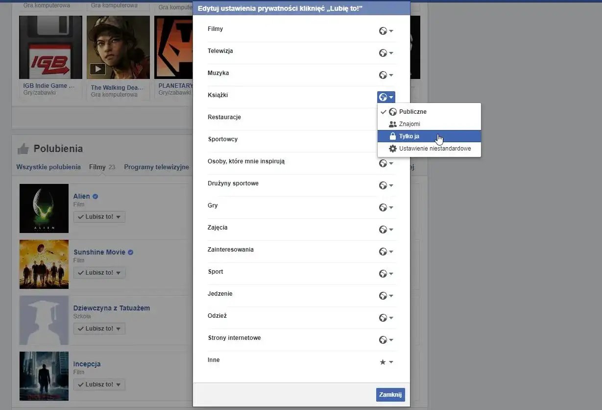 Jak wyłączyć like na Facebooku? Kliknij "Tylko ja" przy zainteresowaniach, aby ukryć polubienia.