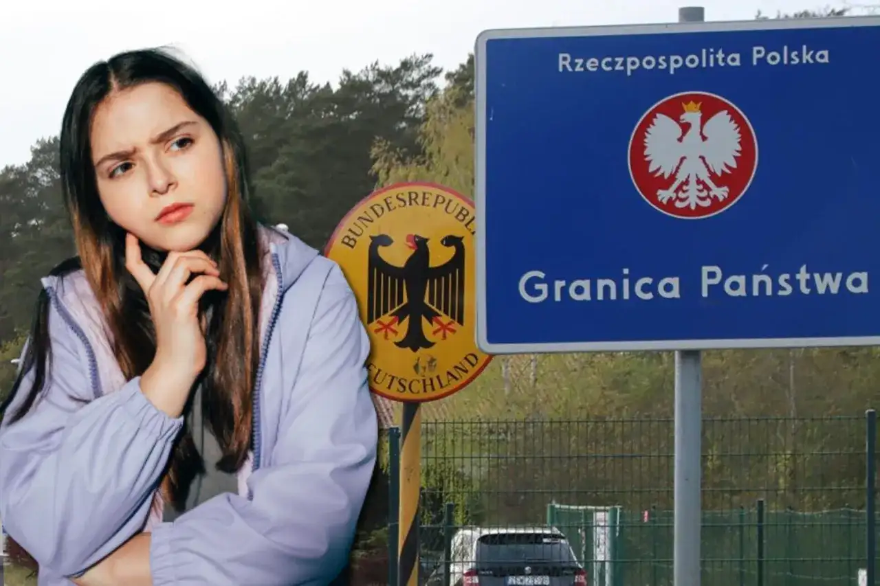 Zastanawiasz się, ile alkoholu można przewieźć z Niemiec do Polski? Młoda kobieta przy granicy z tablicami obu krajów.