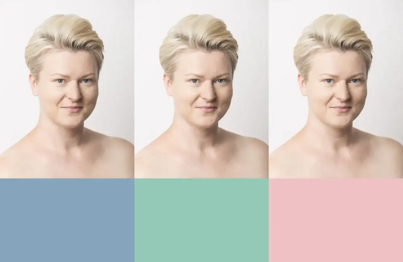 Trzy portrety kobiety z jasnymi włosami, uśmiechniętej. Tło podzielone na trzy pastelowe kolory: niebieski, zielony i różowy. Idealne na jasne lato.