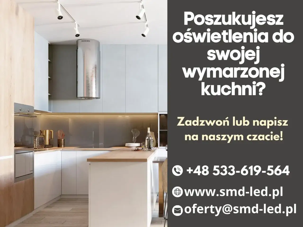 Nowoczesna kuchnia z wyspą i okapem. Szukasz oświetlenia kuchni inspiracje? Zadzwoń lub napisz!
