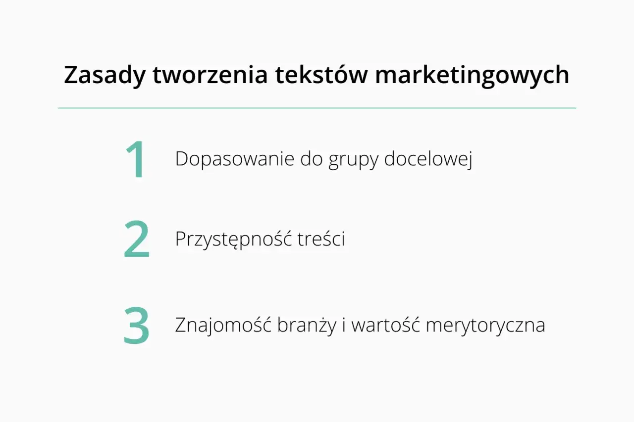 Zasady tworzenia skutecznego **tekstu reklamowego**: dopasowanie do grupy, przystępność i znajomość branży.