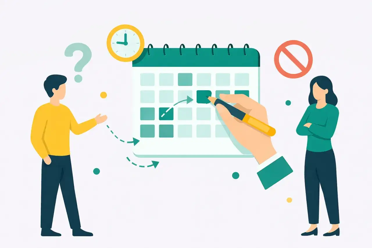 Dylemat pracownika: czy pracodawca może zmienić grafik bez zgody pracownika? Zegar, kalendarz i znak zakazu sugerują niepewność.