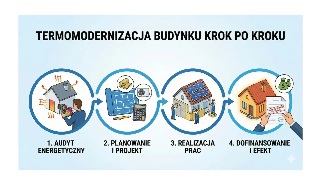 Termomodernizacja krok po kroku: audyt, projekt, realizacja, dofinansowanie. Dowiedz się, jak zaoszczędzić na ogrzewaniu w firmie.