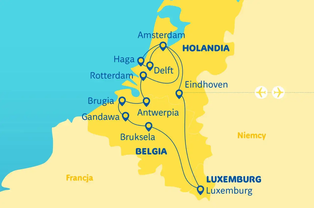 Mapa pokazuje trasę podróży przez Holandię, Belgię i Luksemburg. Luksemburg to państwo, które z państw Beneluksu nie ma dostępu do morza.