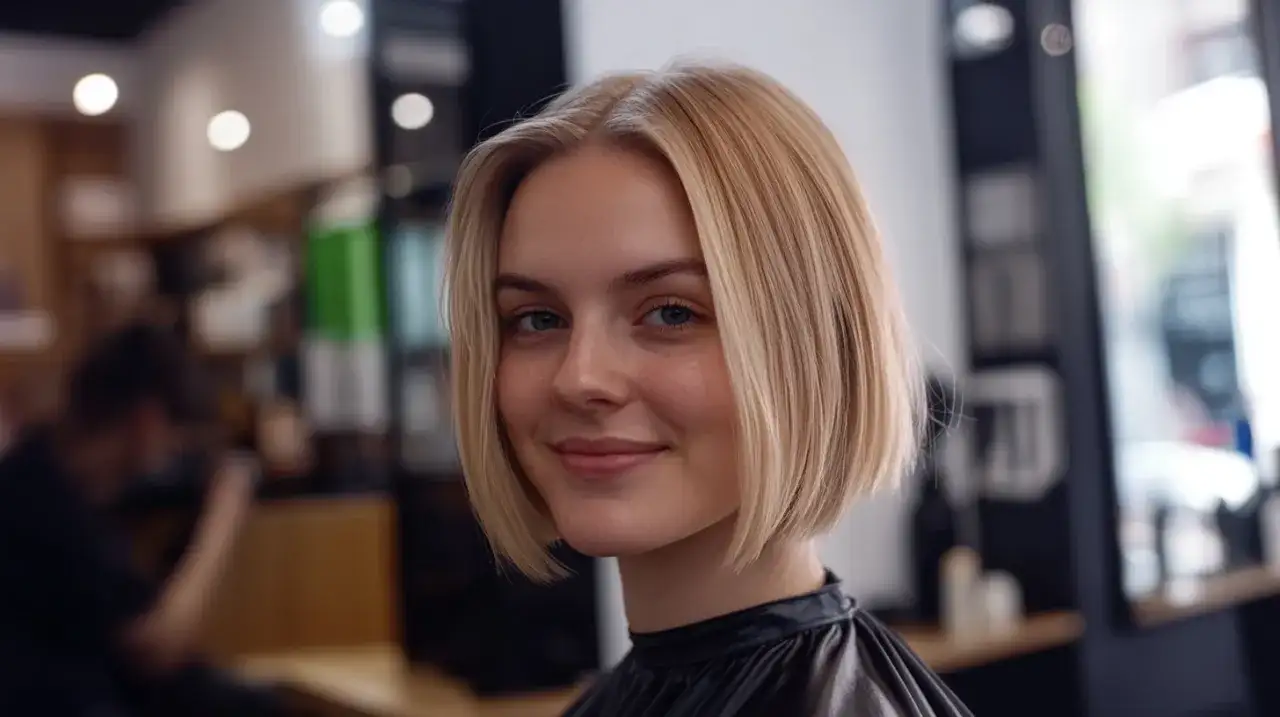 Uśmiechnięta blondynka z klasycznym bobem, który świetnie podkreśla jej owalną twarz.