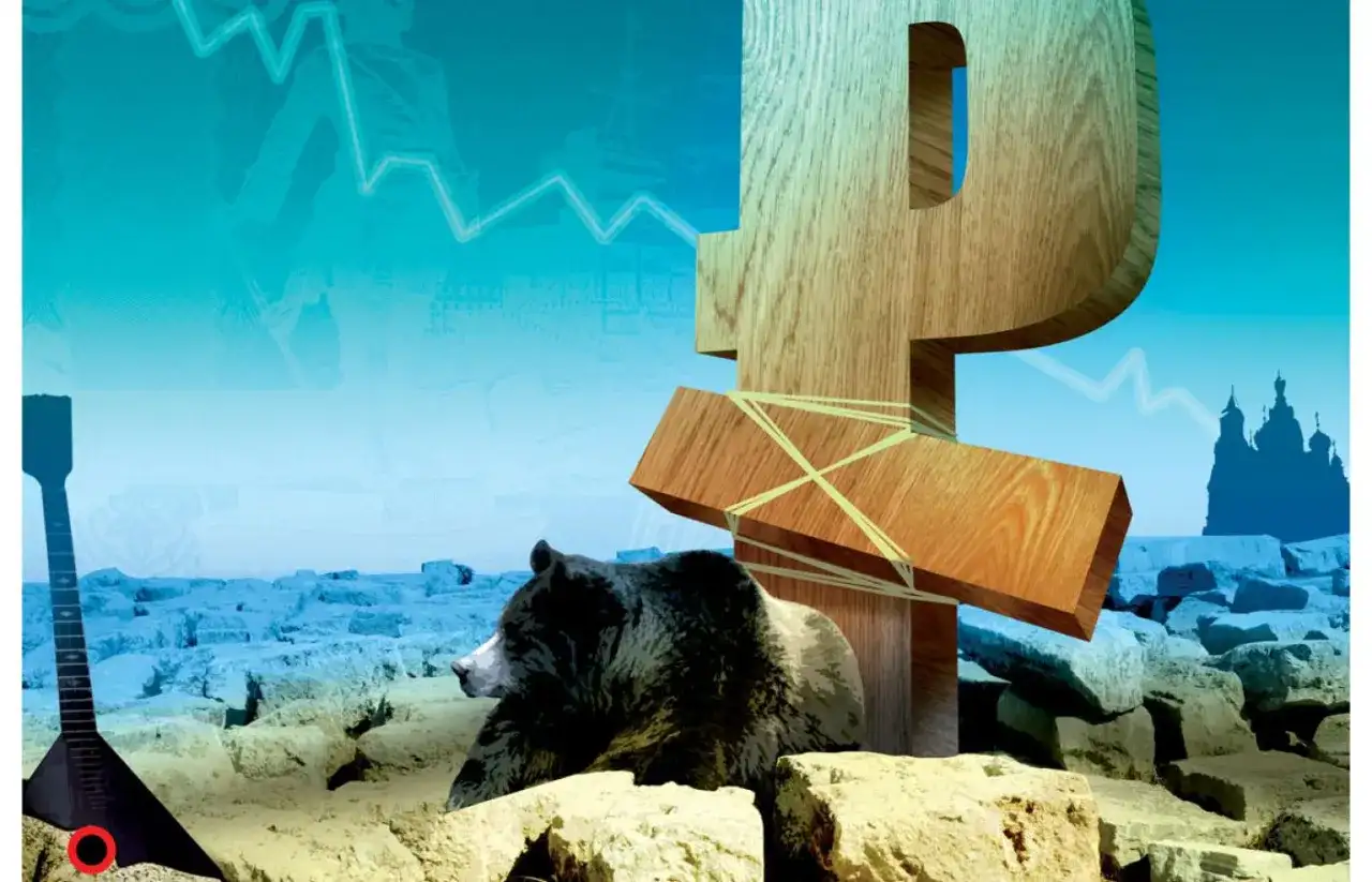 Symbol rubla, niedźwiedź, balalajka i cerkiew na tle wykresu giełdowego.