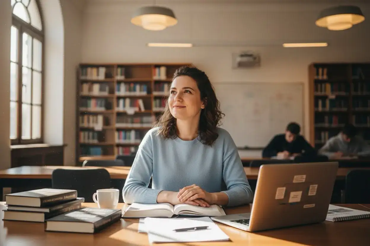 Kobieta w bibliotece studiuje, planując, jak zdobyć uprawnienia pedagogiczne. Na biurku książki, laptop i notatki.