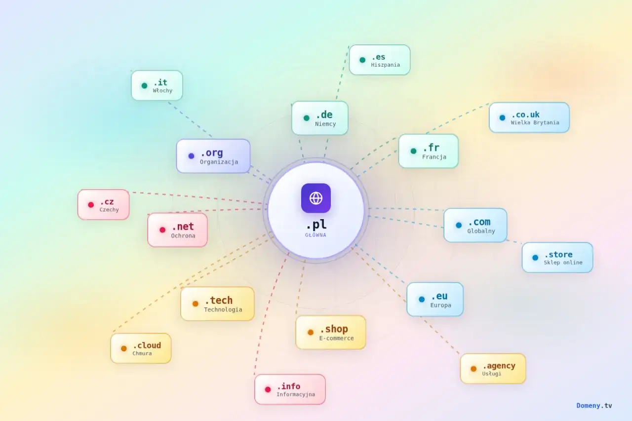 Wybór domeny: .pl jako główna, z opcjami .com, .org, .tech, .shop, .store, .agency, .info, .cloud, .it, .cz, .net, .de, .es, .fr, .co.uk, .eu.