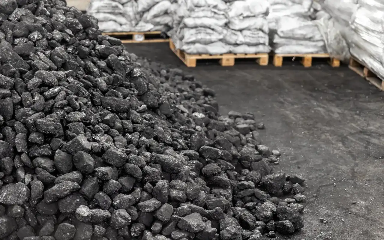 Kupa węgla na placu składowym, w tle worki z węglem na paletach. Zastanawiasz się, ile kosztuje tona węgla?