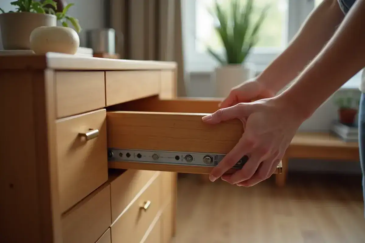 Ręce montują drewnianą szufladę do komody, pokazując, jak zbudować szufladę.