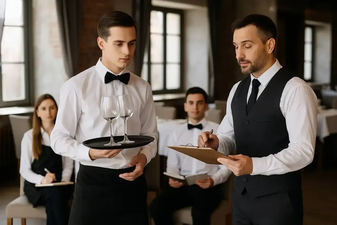 Szkolenie kelnerskie: młody kelner z kieliszkami, instruktor notuje. Dowiedz się, ile kosztuje kurs kelnerski i zacznij karierę.