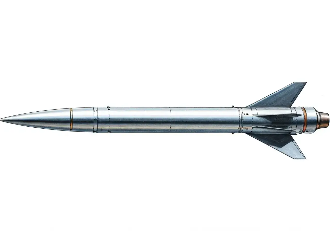 Srebrzysta rakieta, czyli missile po polsku, z ostrym stożkiem i trójkątnymi stabilizatorami, gotowa do startu.