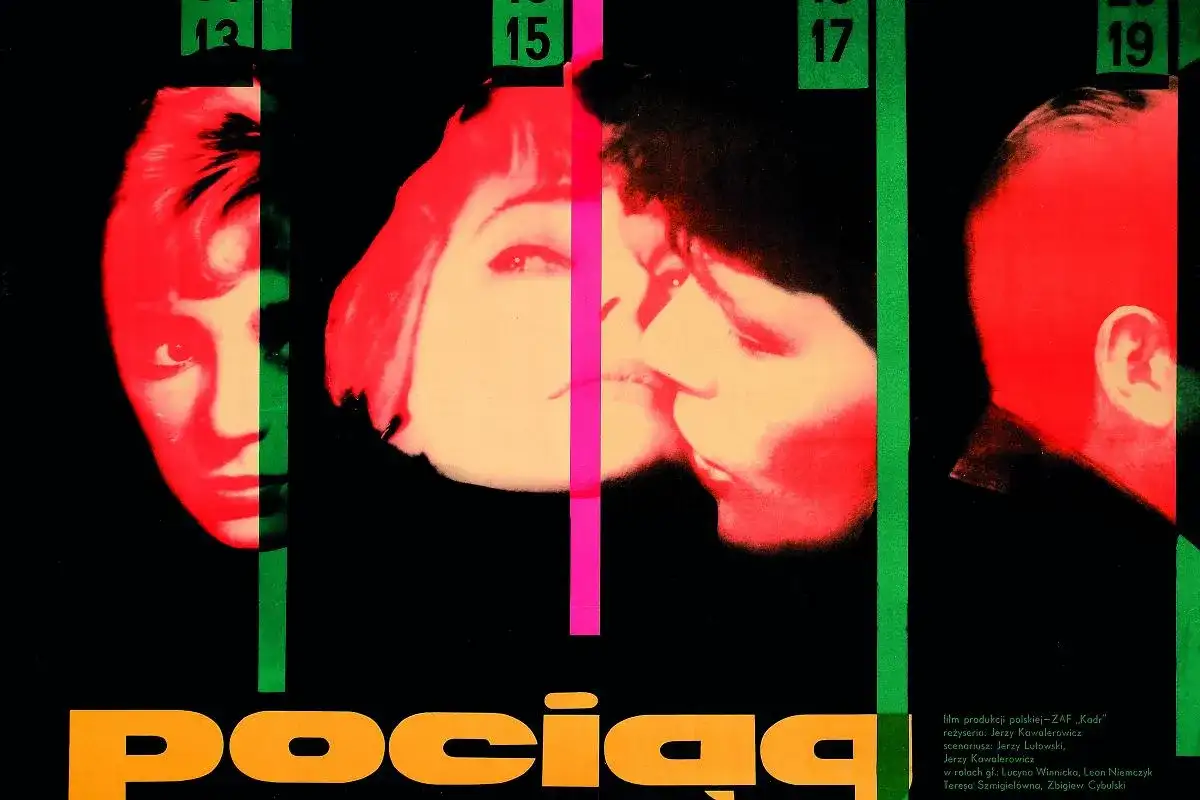 Plakat filmowy "Pociąg" Jerzego Kawalerowicza, ikona polskiej szkoły filmowej. Intensywne kolory i portrety tworzą atmosferę napięcia.