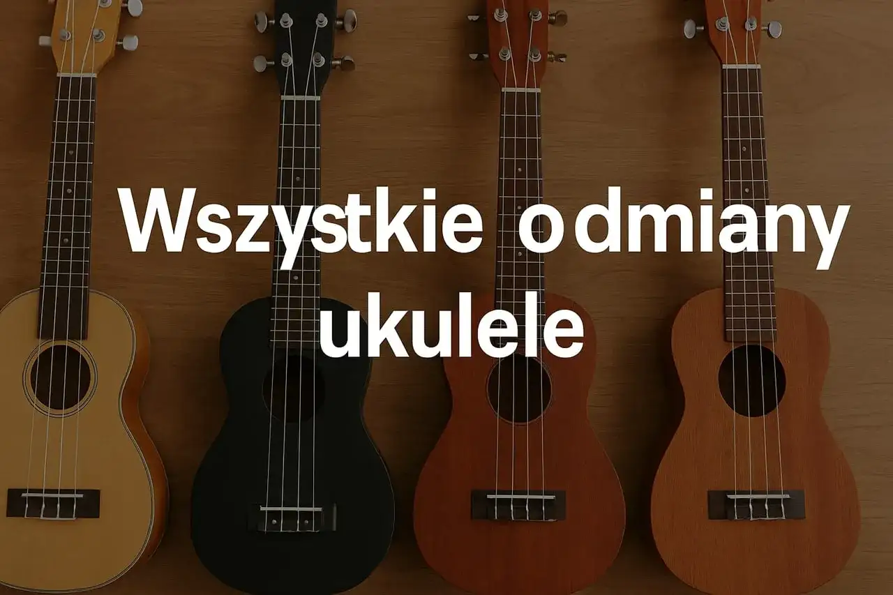 Cztery ukulele w różnych kolorach: jasne, czarne, brązowe i ciemnobrązowe. To małe, czterostrunowe instrumenty, które są świetne do nauki gry.