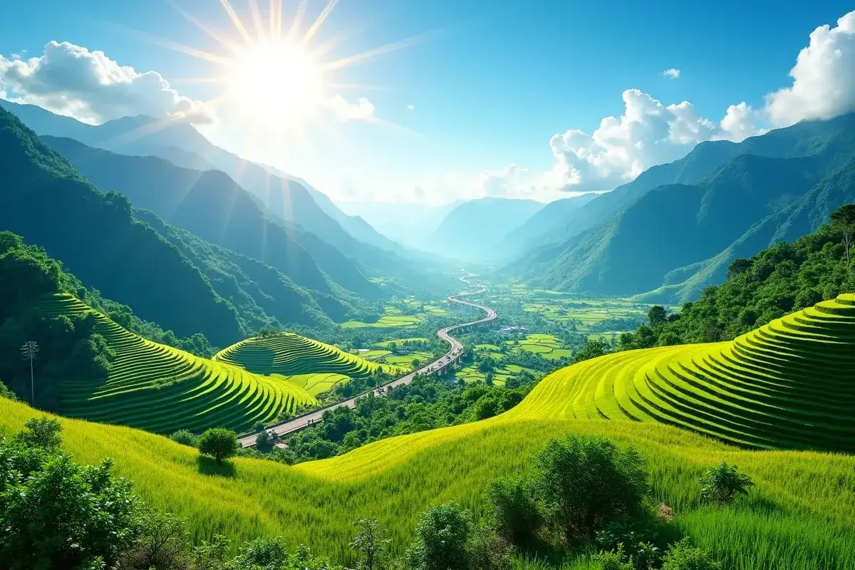 Zielone tarasowe pola ryżowe w dolinie, góry i droga wijąca się w słońcu. Idealny widok, kiedy najlepiej do Wietnamu.