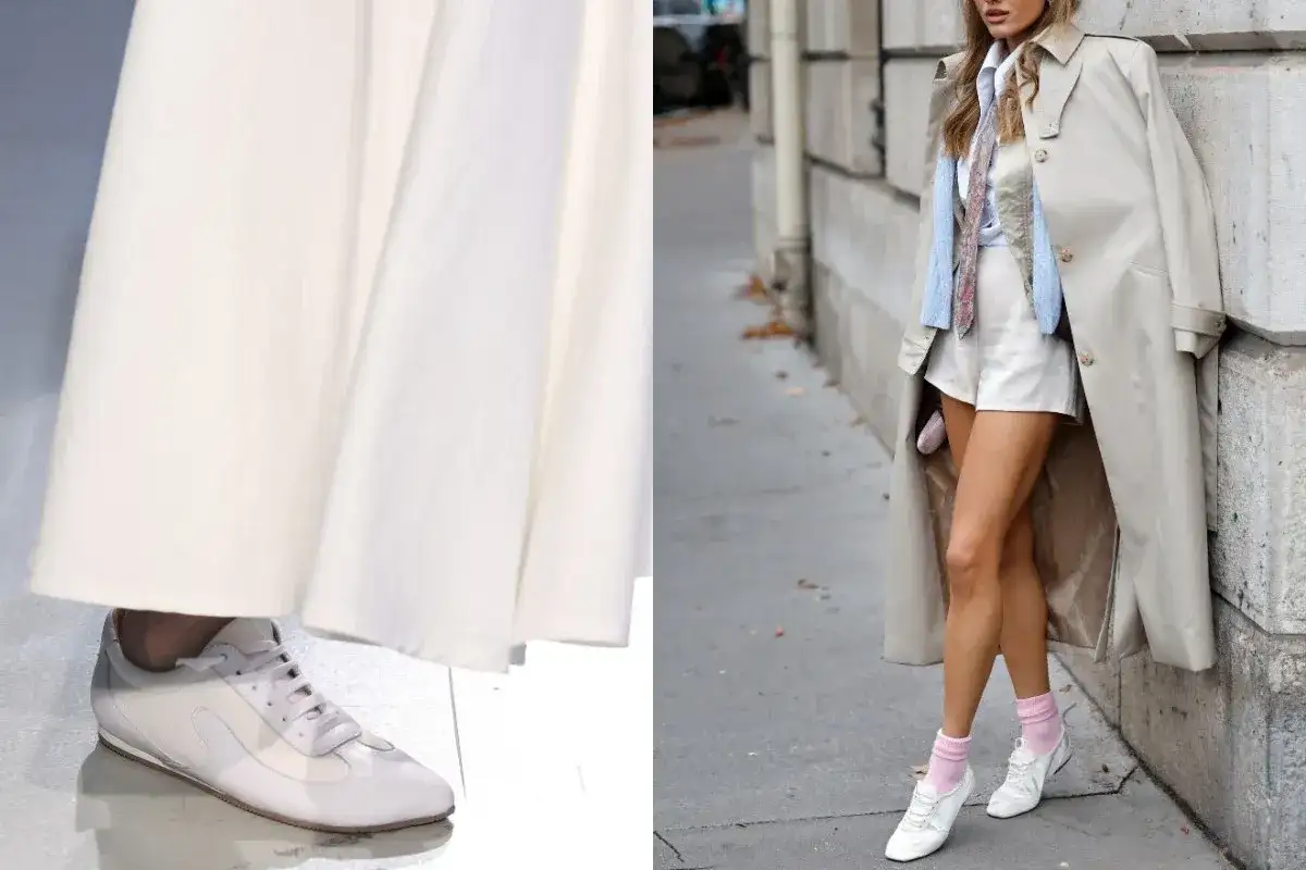 Białe, najmodniejsze buty sportowe dopełniają stylizację z długą, białą suknią lub krótkimi spodenkami i trenczem.