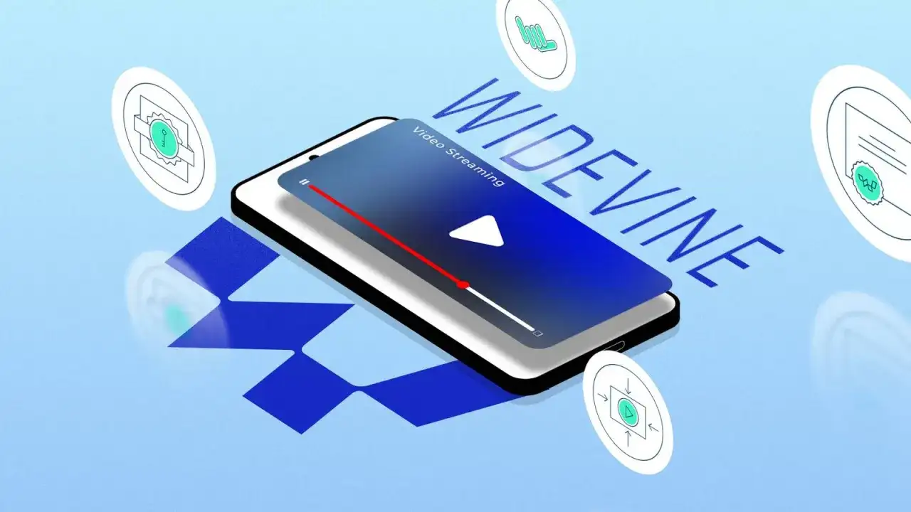 Smartfon z napisem WIDEVINE i ikonami symbolizującymi bezpieczeństwo. Widevine content decryption module to klucz do bezpiecznego streamingu.