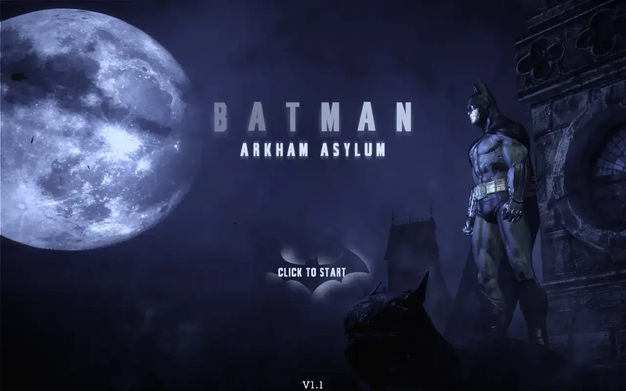 Batman Arkham Asylum spolszczenie. Mroczna noc, wielki księżyc i Batman na dachu. Kliknij, by rozpocząć.