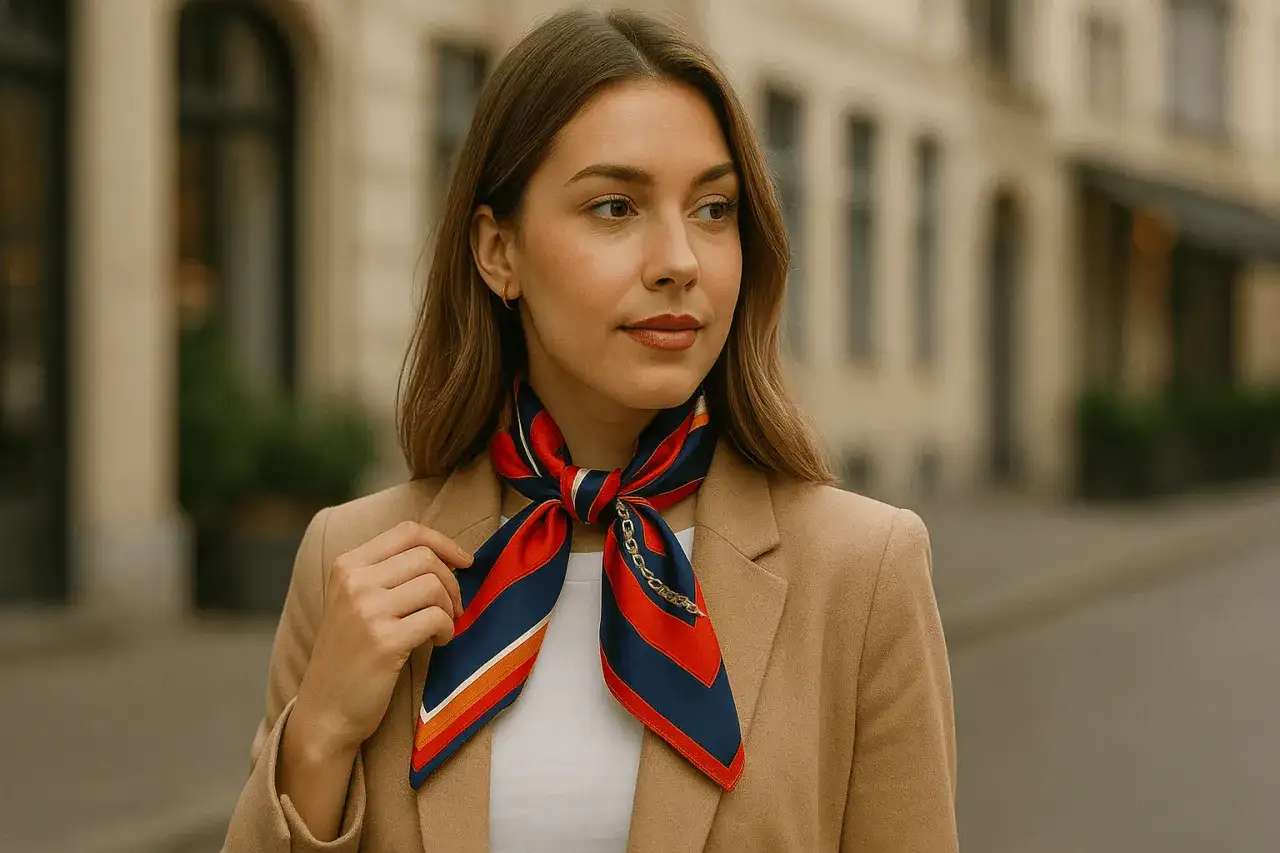 Elegancka kobieta w beżowym płaszczu i kolorowej chuście na szyję, z subtelnym złotym wzorem.