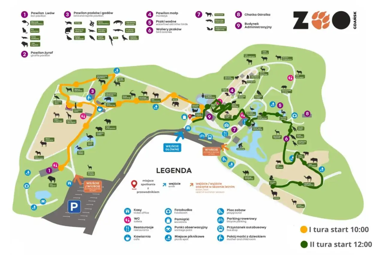 Mapa zoo w Gdańsku z zaznaczonymi pawilonami zwierząt, wejściami, wyjściami i legendą.