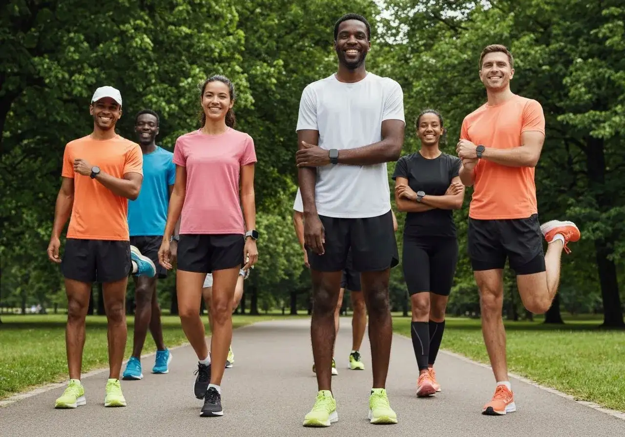 Grupa biegaczy w sportowych strojach, idealnych do biegania. Wygodne spodenki i koszulki zapewniają komfort podczas treningu.