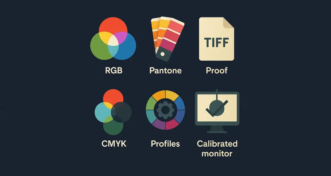 Ikony: RGB, Pantone, Proof, CMYK, Profiles, Calibrated monitor. Kluczowe dla jakości wydruku są dpi i ppi.