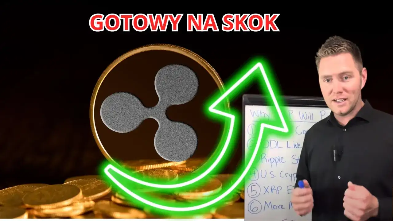 Moneta XRP na stosie złotych monet, obok mężczyzny i tablicy z napisem "Why XRP Will Pu".