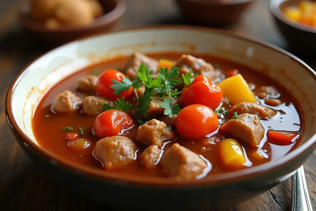 Gęsta zupa gulaszowa z kawałkami mięsa, ziemniaków i pomidorków koktajlowych, ozdobiona natką pietruszki. Czy zupę gulaszową się zagęszcza? Ta wygląda na idealnie doprawioną.