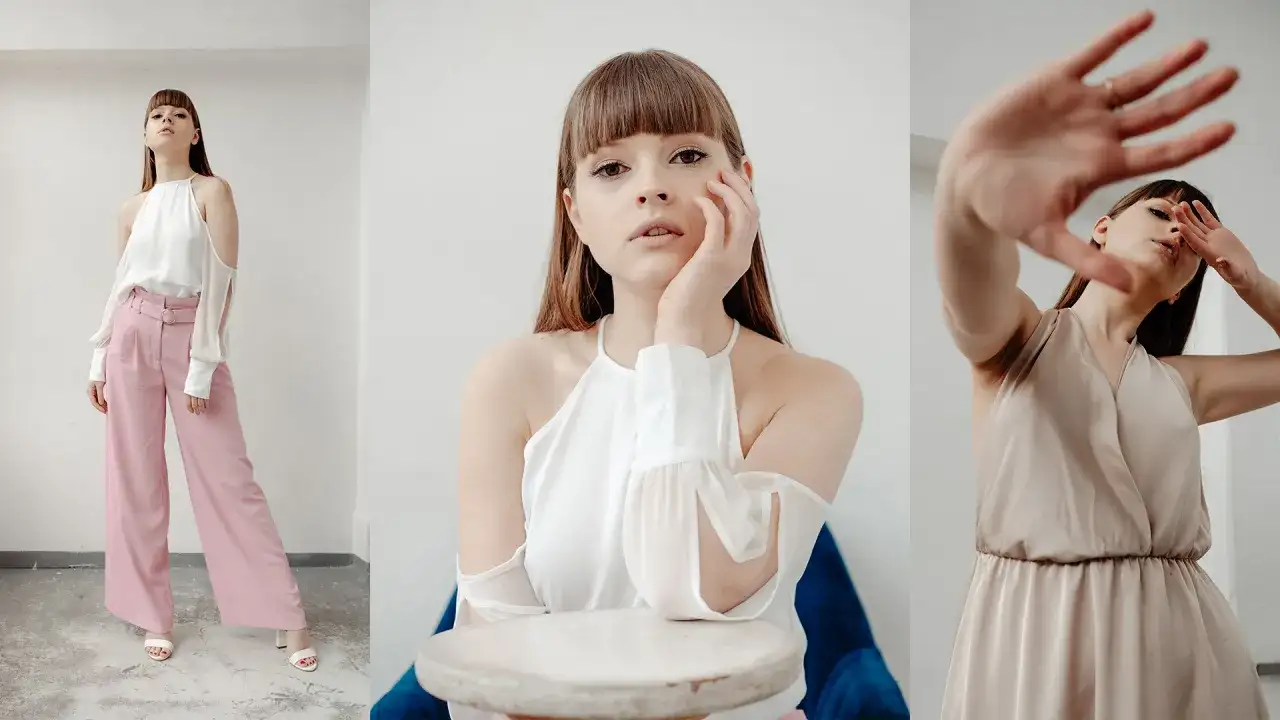 Modelka ćwiczy kurs pozowania do zdjęć, prezentując eleganckie stylizacje: białą bluzkę z różowymi spodniami i beżową sukienkę.