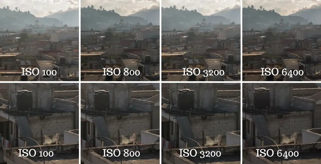 Porównanie zdjęć z różnym ISO: 100, 800, 3200, 6400. Zobacz, jak ustawić ISO w aparacie, by uzyskać najlepszy efekt.