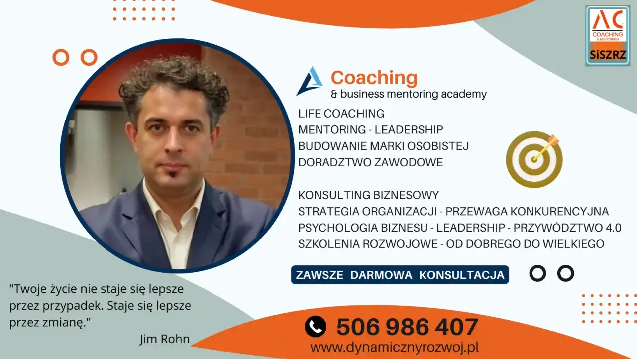 Mężczyzna w garniturze, logo "Coaching & business mentoring academy", cel z strzałką, cytat Jima Rohna.