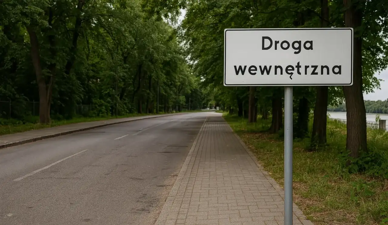 Znak "Droga wewnętrzna" przy alei drzew. Definicja drogi wewnętrznej jest jasna: to droga niepubliczna, zarządzana przez właściciela terenu.
