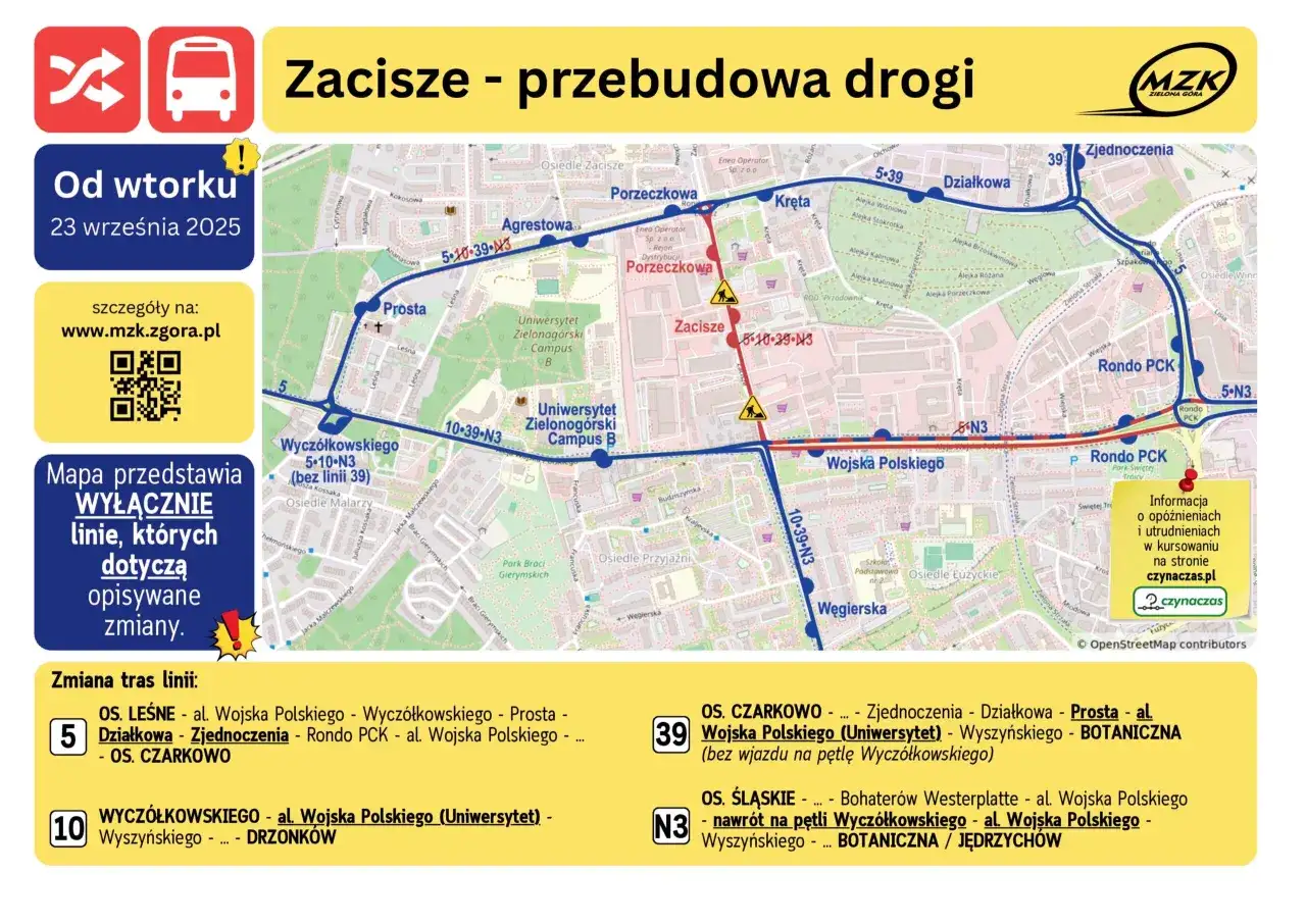 Mapa z zaznaczonymi trasami autobusów MZK Zielona Góra i informacją o zmianach.
