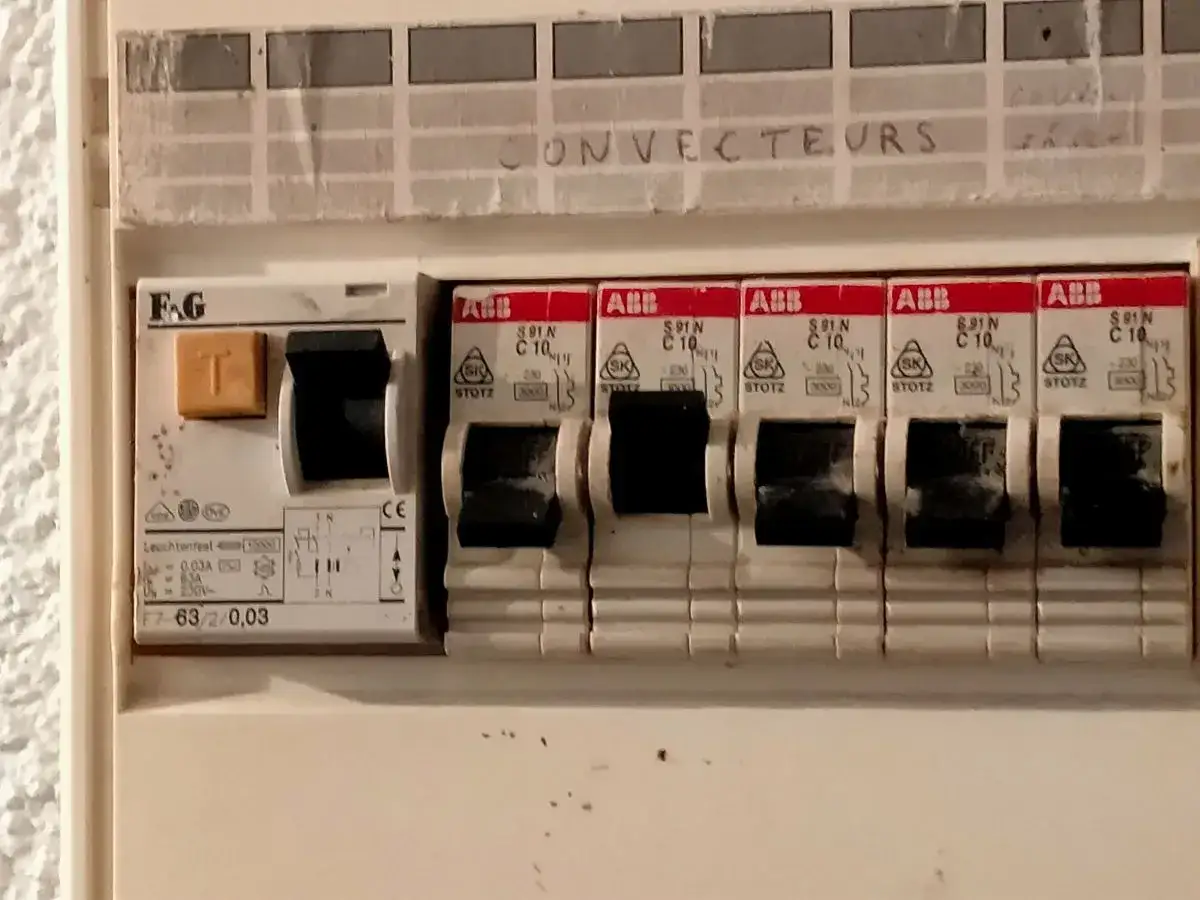 Główny bezpiecznik wybija, gdy prąd przekroczy jego wartość, chroniąc instalację przed uszkodzeniem. Widoczny wyłącznik różnicowoprądowy F&G i wyłączniki ABB.