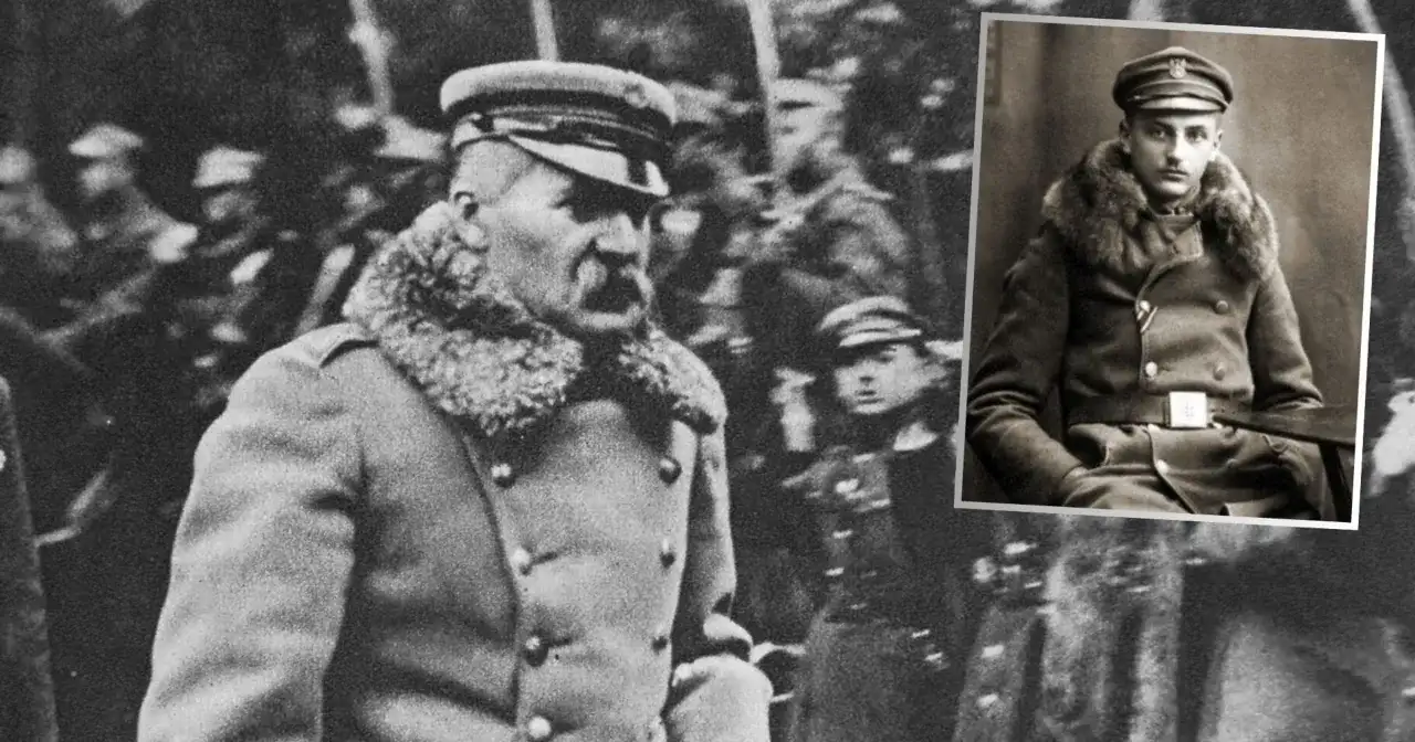 Dwaj mężczyźni w mundurach wojskowych, jeden z wąsami, drugi siedzący.