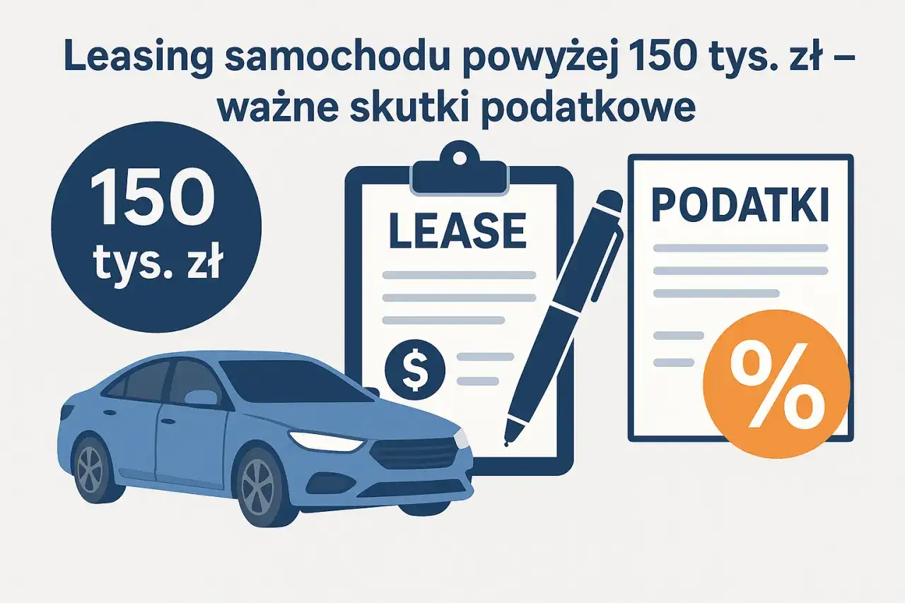 Niebieski samochód, umowa leasingowa i dokument "PODATKI" z symbolem procentu. Leasing samochodu na firmę powyżej 150 tys. zł.