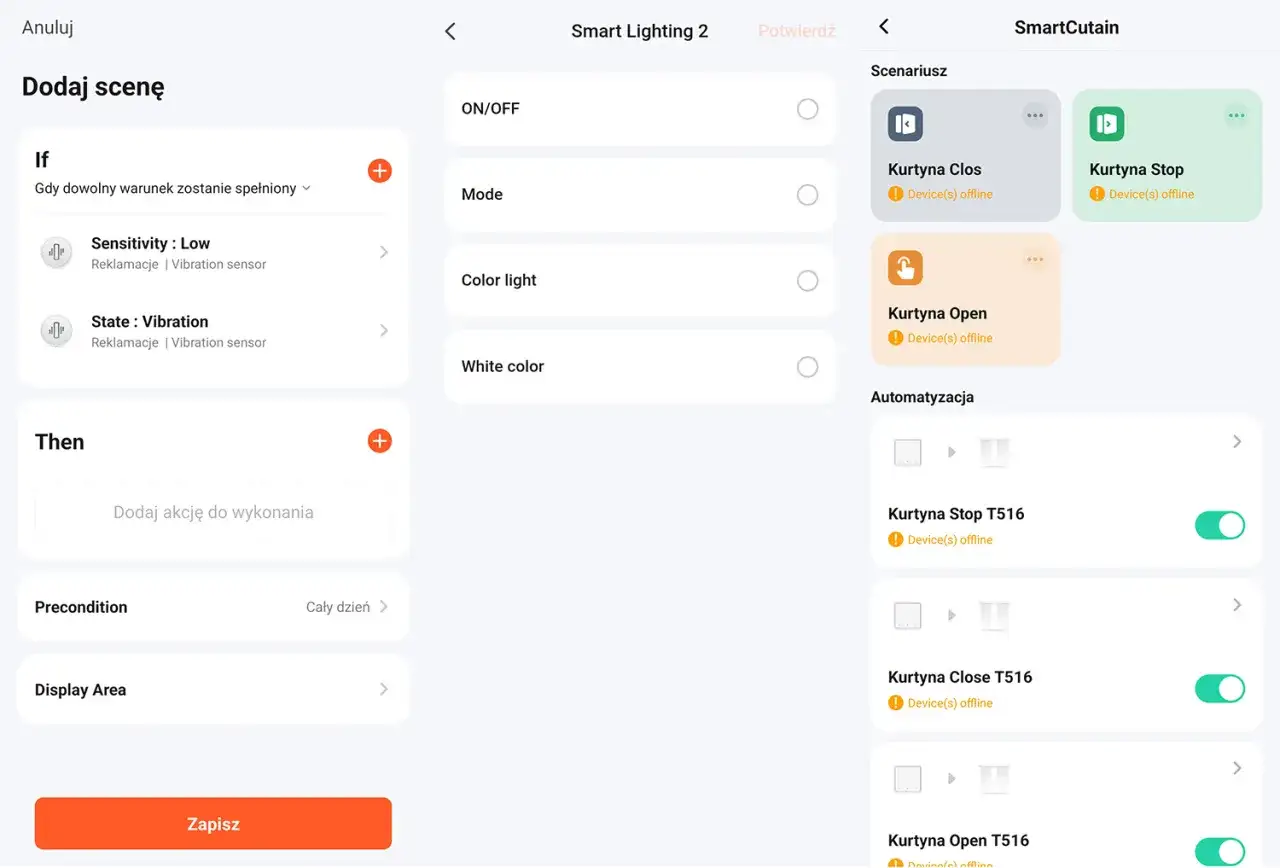 Konfiguracja scenariusza w aplikacji Tuya: dodawanie warunków (np. czujnik wibracji) i akcji (np. sterowanie kurtyną).