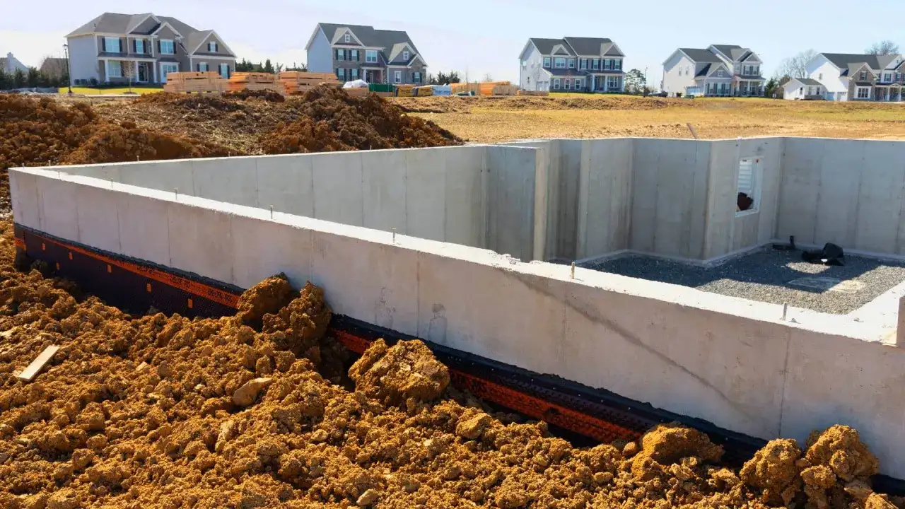 Fundamenty pod dom 100m2 w budowie. Betonowy fundament z izolacją, otoczony ziemią. W tle nowe domy.