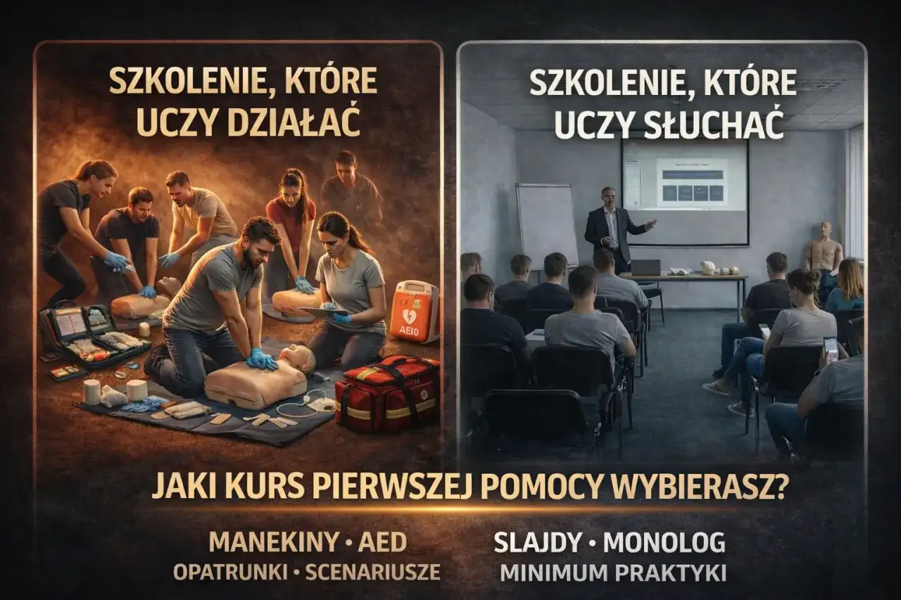 Dwie wizje kursu pierwszej pomocy: praktyczne ćwiczenia na fantomach i teoretyczny wykład. Który wybierasz?
