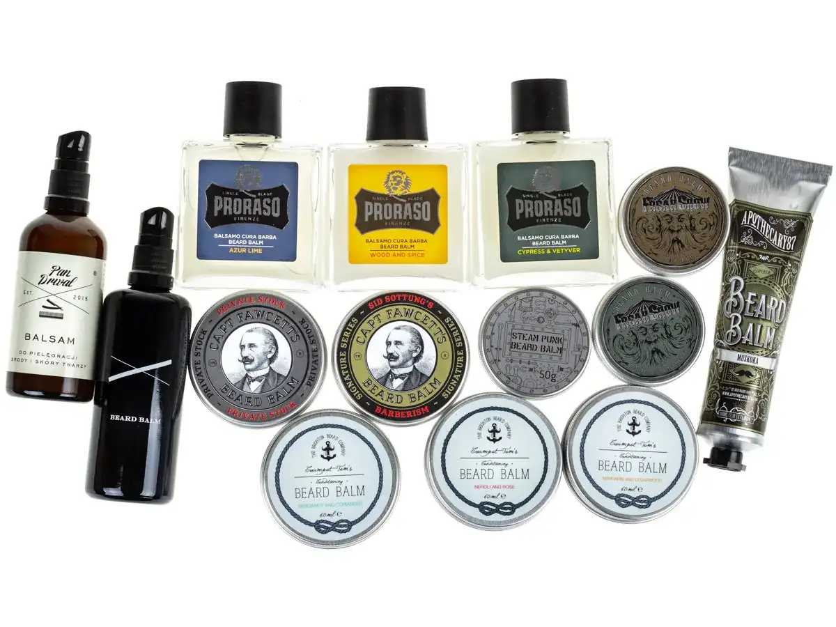 Kolekcja produktów do pielęgnacji brody: balsam i olejki. Wśród nich Proraso, Captain Fawcett, Apothecary87.