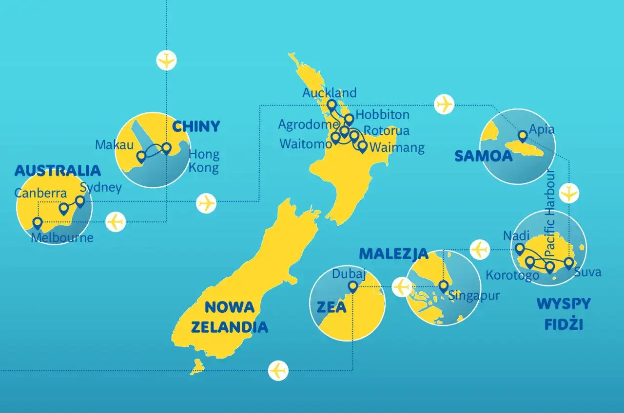 Mapa pokazuje podróż po Pacyfiku: Nowa Zelandia, Australia, Chiny, Samoa, Fidżi, Malezja.