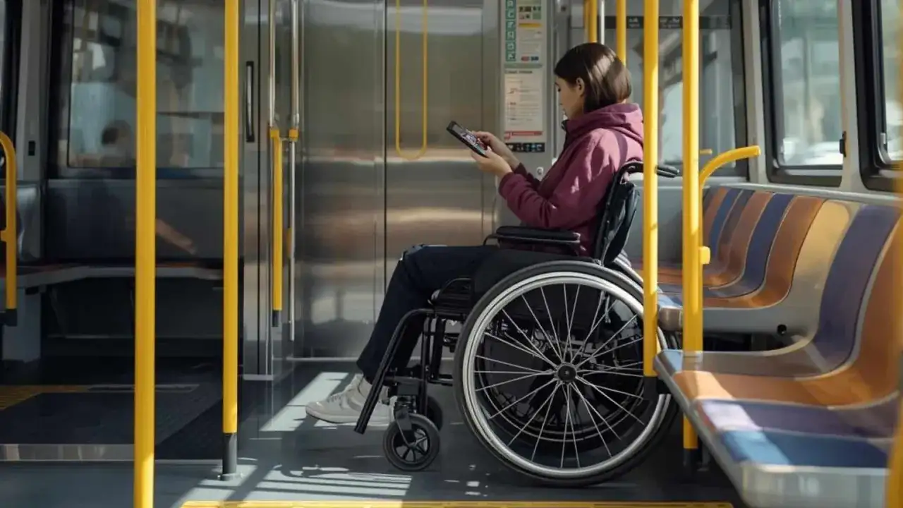 Kobieta na wózku inwalidzkim w autobusie, obok niej tablica informacyjna, która wyjaśnia, co oznaczają symbole na legitymacji osoby niepełnosprawnej.