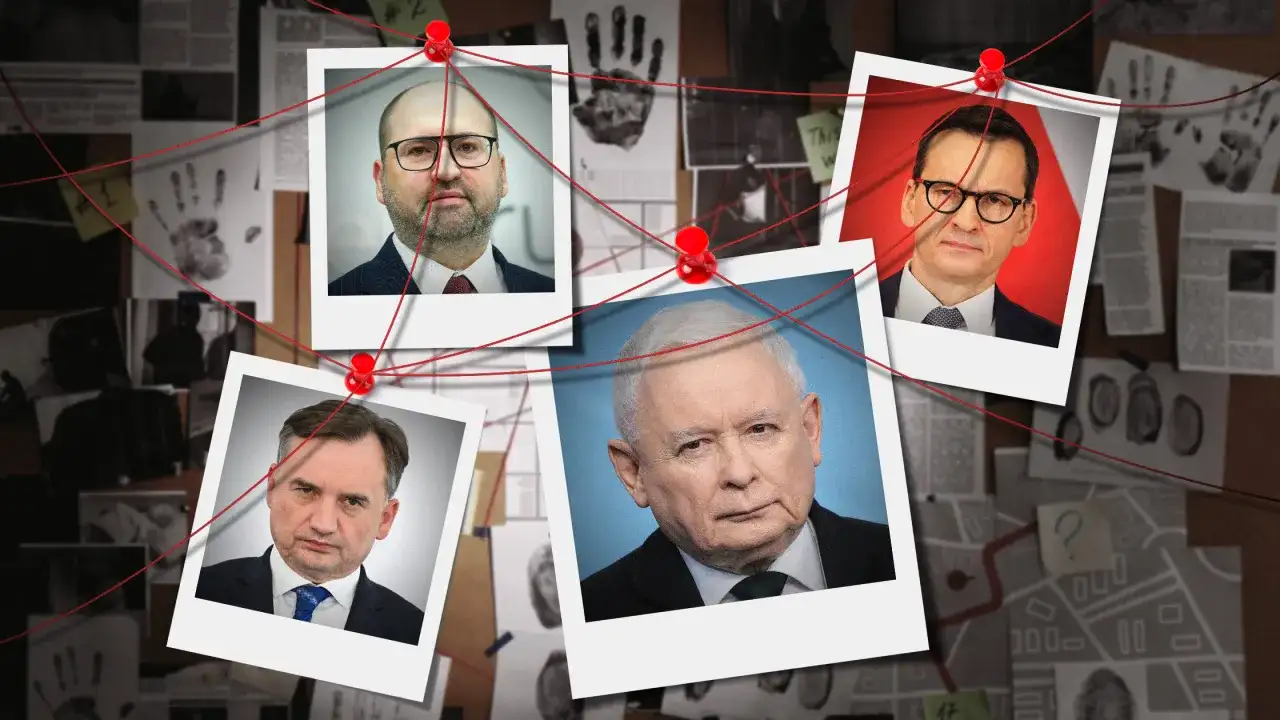 Śledztwo w sprawie lista afer PiS. Zdjęcia polityków połączone czerwoną nicią na tablicy dowodów.