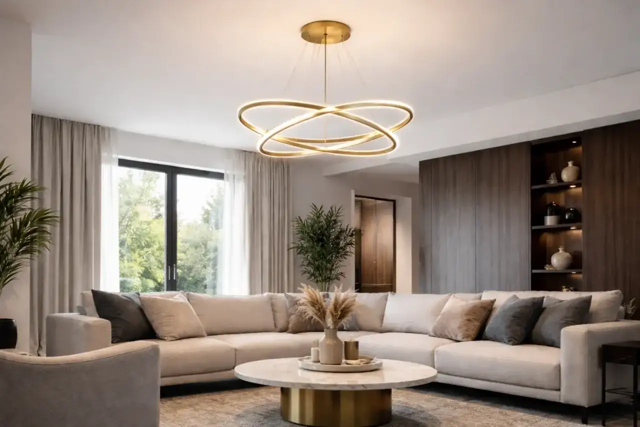 Nowoczesny salon z narożną sofą i okrągłym stolikiem. Centralnym punktem jest designerska lampa, która daje idealne światło, zastanawiasz się jaka moc żarówki led do salonu będzie najlepsza?