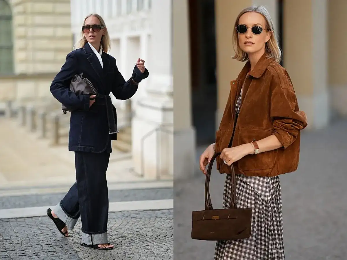 Dwie kobiety prezentują stylowe stylizacje na jesień: jedna w granatowym denimowym total looku, druga w brązowej zamszowej kurtce i sukience w kratę.